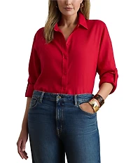Lauren Ralph Lauren Plus Size Point Collar Long Roll-Tab Sleeve Button Front Linen Shirt