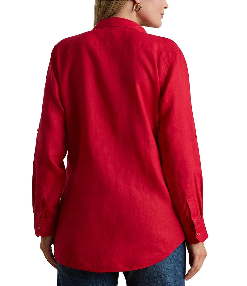 Lauren Ralph Lauren Plus Size Point Collar Long Roll-Tab Sleeve Button Front Linen Shirt