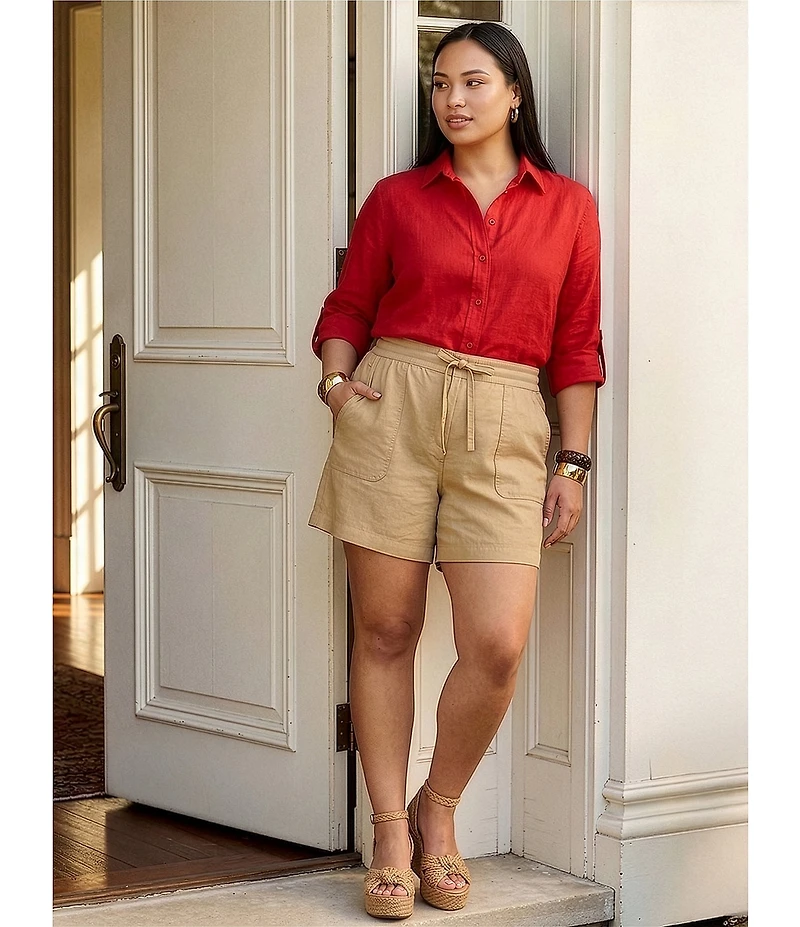 Lauren Ralph Lauren Plus Size Point Collar Long Roll-Tab Sleeve Button Front Linen Shirt