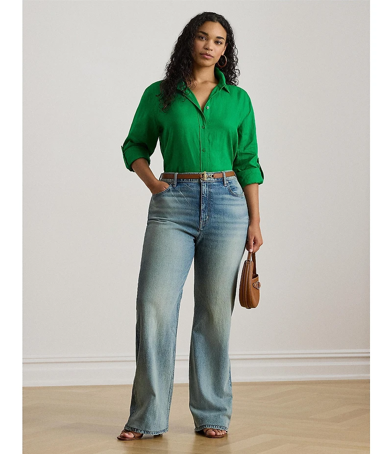 Lauren Ralph Lauren Plus Size Point Collar Long Roll-tab Sleeve Button-Front Linen Shirt