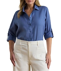 Lauren Ralph Lauren Plus Size Point Collar Long Roll-Tab Sleeve Button Front Linen Shirt