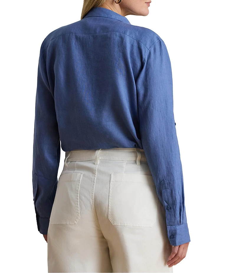 Lauren Ralph Lauren Plus Size Point Collar Long Roll-Tab Sleeve Button Front Linen Shirt