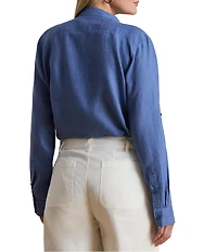 Lauren Ralph Lauren Plus Size Point Collar Long Roll-Tab Sleeve Button Front Linen Shirt