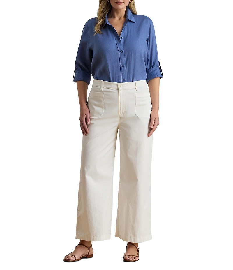 Lauren Ralph Lauren Plus Size Point Collar Long Roll-Tab Sleeve Button Front Linen Shirt