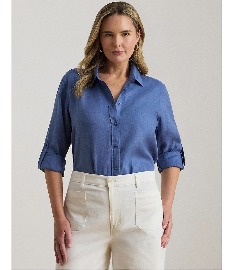 Lauren Ralph Lauren Plus Size Point Collar Long Roll-Tab Sleeve Button Front Linen Shirt