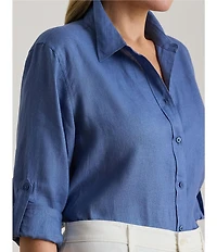Lauren Ralph Lauren Plus Size Point Collar Long Roll-Tab Sleeve Button Front Linen Shirt