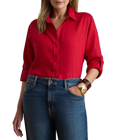 Lauren Ralph Lauren Plus Size Point Collar Long Roll-Tab Sleeve Button Front Linen Shirt