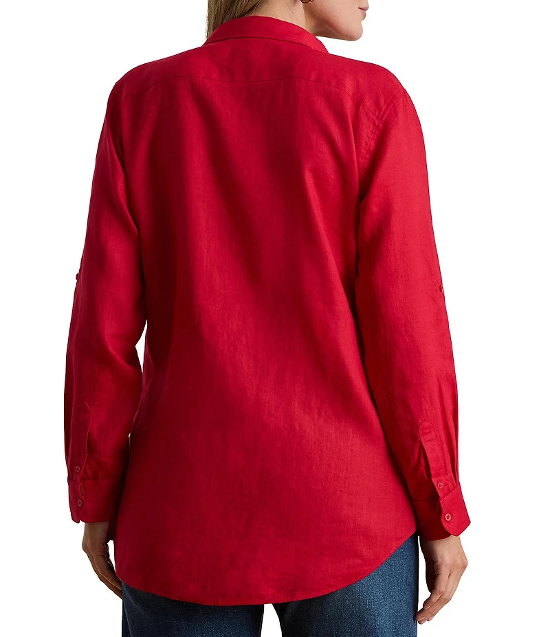 Lauren Ralph Lauren Plus Size Point Collar Long Roll-Tab Sleeve Button Front Linen Shirt