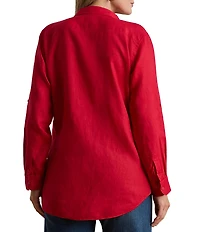 Lauren Ralph Lauren Plus Size Point Collar Long Roll-Tab Sleeve Button Front Linen Shirt
