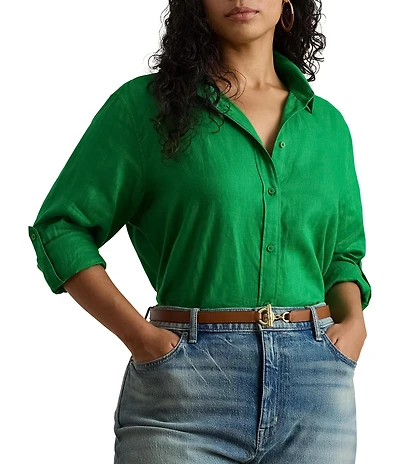 Lauren Ralph Lauren Plus Size Point Collar Long Roll-Tab Sleeve Button-Front Linen Shirt