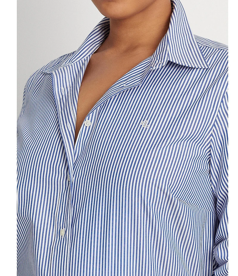 Lauren Ralph Lauren Plus Size Easy Care Striped Print Point Collar Shirttail Hem Long Sleeve Shirt
