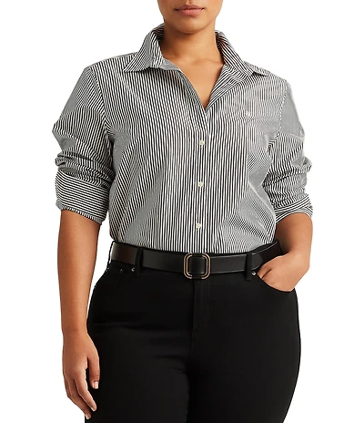 Lauren Ralph Lauren Plus Size Easy Care Striped Print Point Collar Shirttail Hem Long Sleeve Shirt
