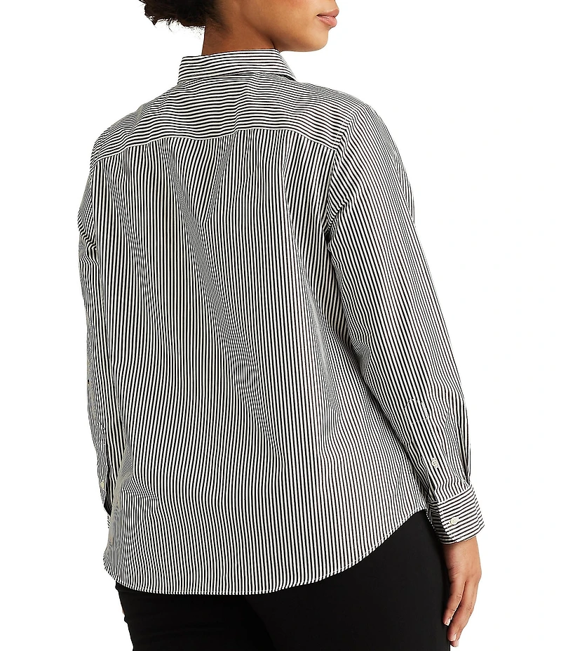 Lauren Ralph Lauren Plus Size Easy Care Striped Print Point Collar Shirttail Hem Long Sleeve Shirt