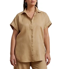 Lauren Ralph Lauren Plus Size Point Collar Short Double-Rolled Cuff Button Front Linen Shirt