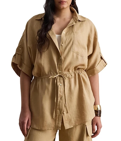 Lauren Ralph Lauren Plus Size Point Collar Short Roll-Tab Sleeve Drawcord Waist Linen Shirt