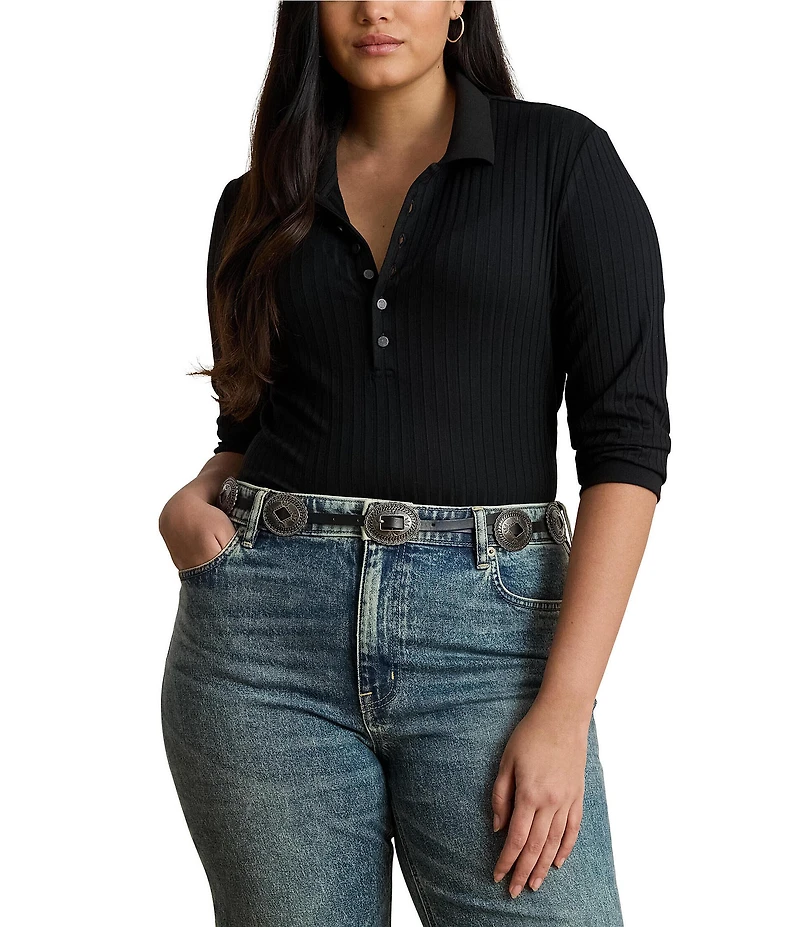Lauren Ralph Lauren Plus Size Rib-Knit Polo Collar 3/4 Sleeve Shirt