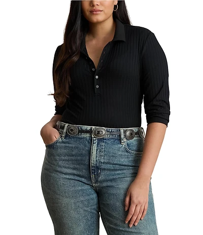 Lauren Ralph Lauren Plus Size Rib-Knit Polo Collar 3/4 Sleeve Shirt