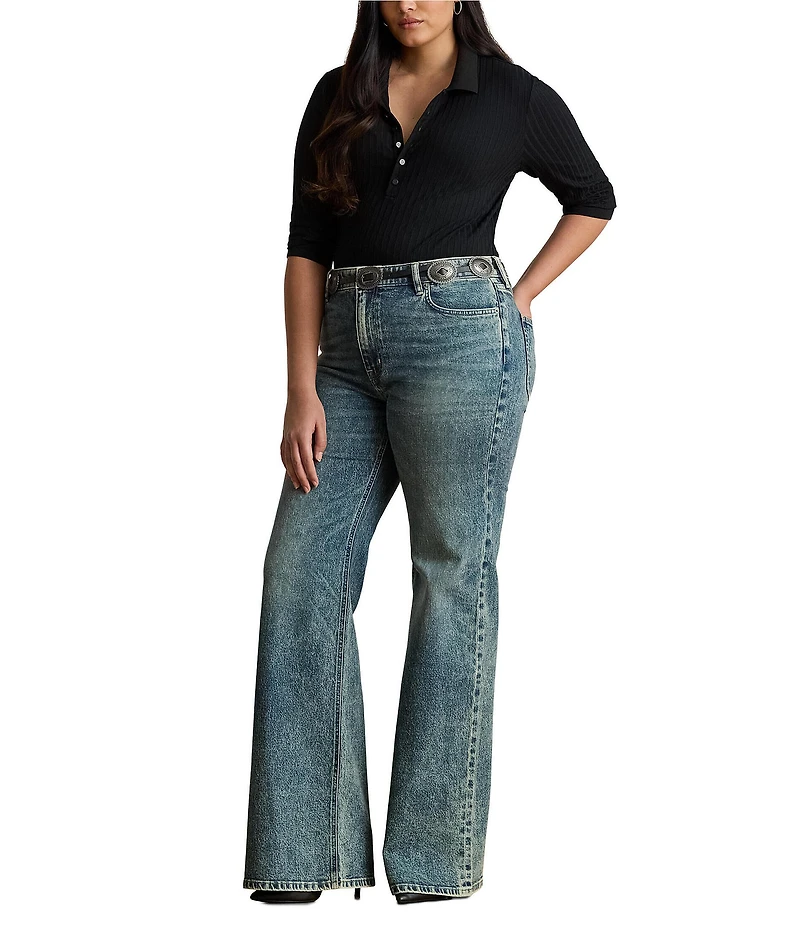 Lauren Ralph Lauren Plus Size Rib-Knit Polo Collar 3/4 Sleeve Shirt