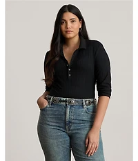 Lauren Ralph Lauren Plus Size Rib-Knit Polo Collar 3/4 Sleeve Shirt