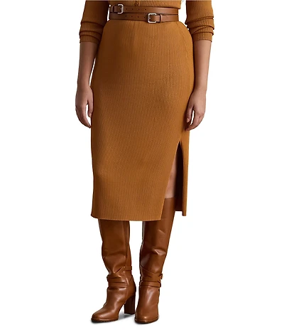 Lauren Ralph Lauren Plus Size Rib-Knit Pull-On Side Slit Midi Coordinating Pencil Skirt