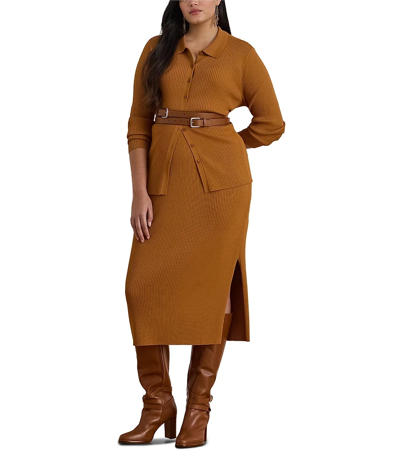 Lauren Ralph Lauren Plus Size Rib-Knit Pull-On Side Slit Midi Coordinating Pencil Skirt