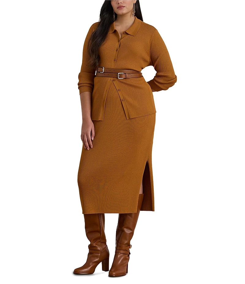Lauren Ralph Lauren Plus Size Rib-Knit Spread Collar Long Sleeve Coordinating Polo Cardigan