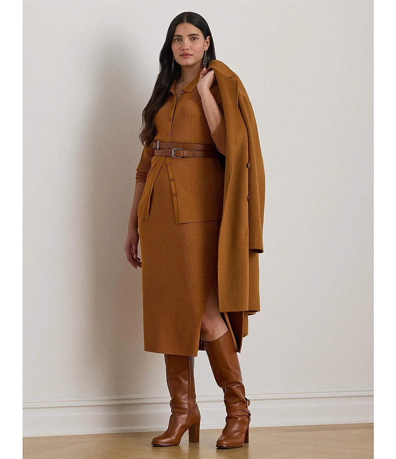 Lauren Ralph Lauren Plus Size Rib-Knit Spread Collar Long Sleeve Coordinating Polo Cardigan
