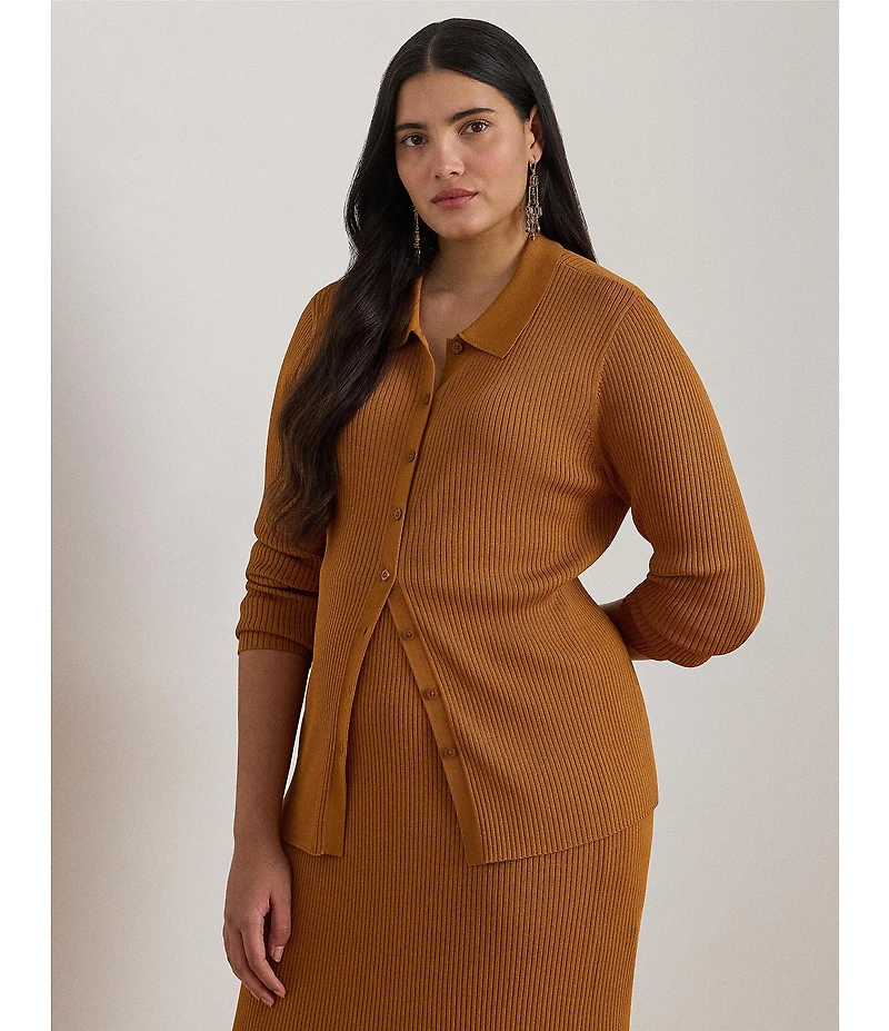 Lauren Ralph Lauren Plus Size Rib-Knit Spread Collar Long Sleeve Coordinating Polo Cardigan