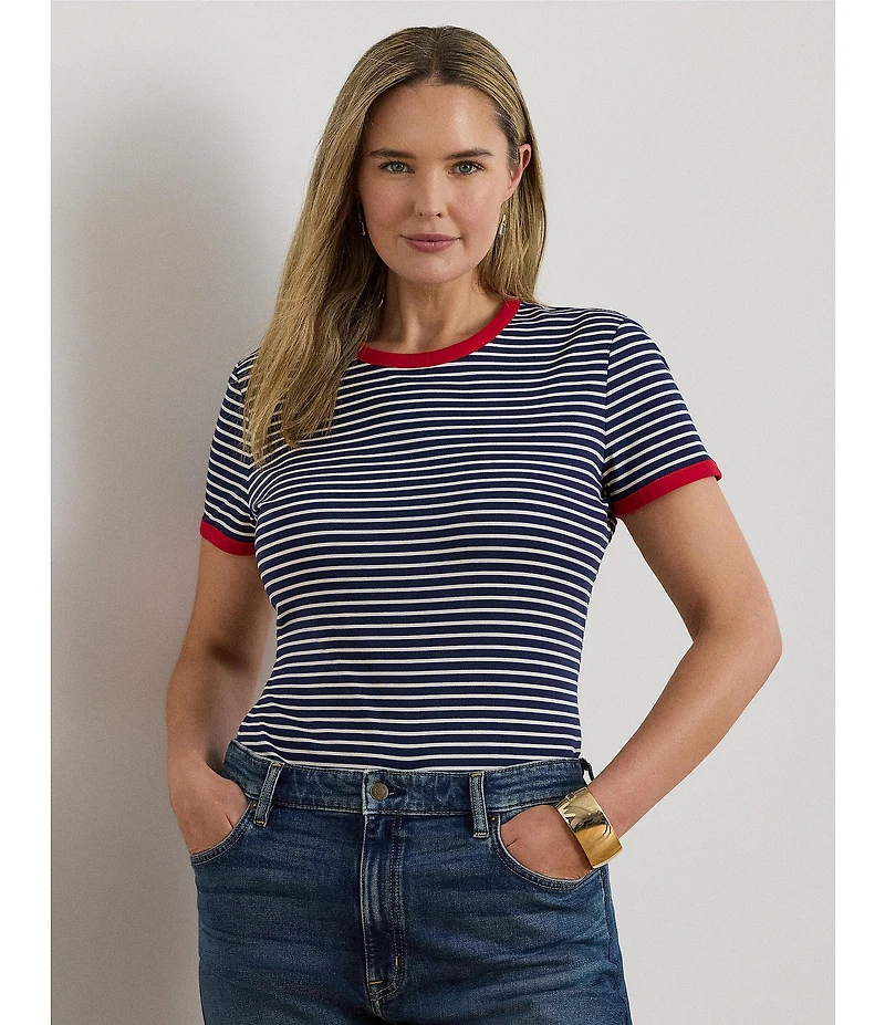 Lauren Ralph Lauren Plus Size Rib Knit Striped Cotton Tee