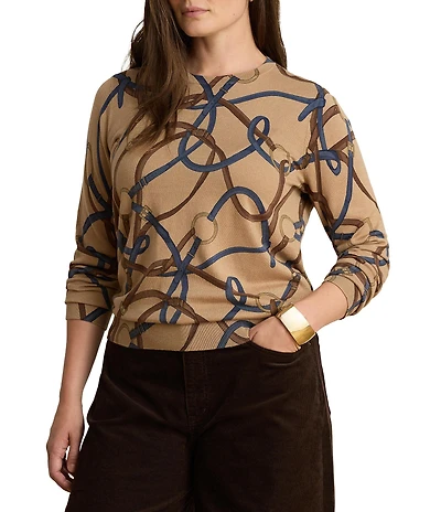 Lauren Ralph Lauren Plus Size Ribbed Knit Belting Print Crew Neck Long Sleeve Sweater Top