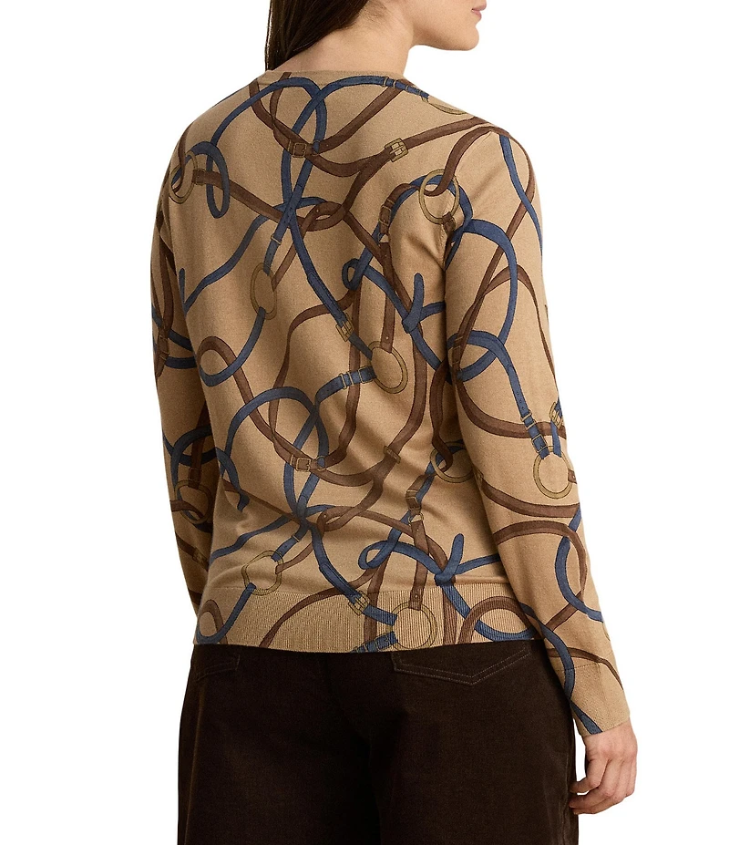 Lauren Ralph Lauren Plus Size Ribbed Knit Belting Print Crew Neck Long Sleeve Sweater Top
