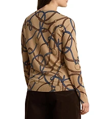 Lauren Ralph Lauren Plus Size Ribbed Knit Belting Print Crew Neck Long Sleeve Sweater Top