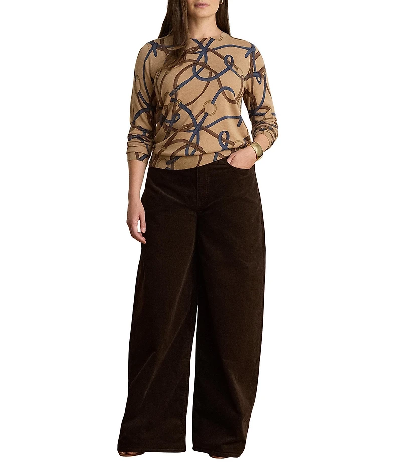 Lauren Ralph Lauren Plus Size Ribbed Knit Belting Print Crew Neck Long Sleeve Sweater Top
