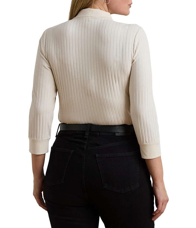Lauren Ralph Lauren Plus Size Ribbed Knit Collar 3/4 Sleeve Polo Shirt