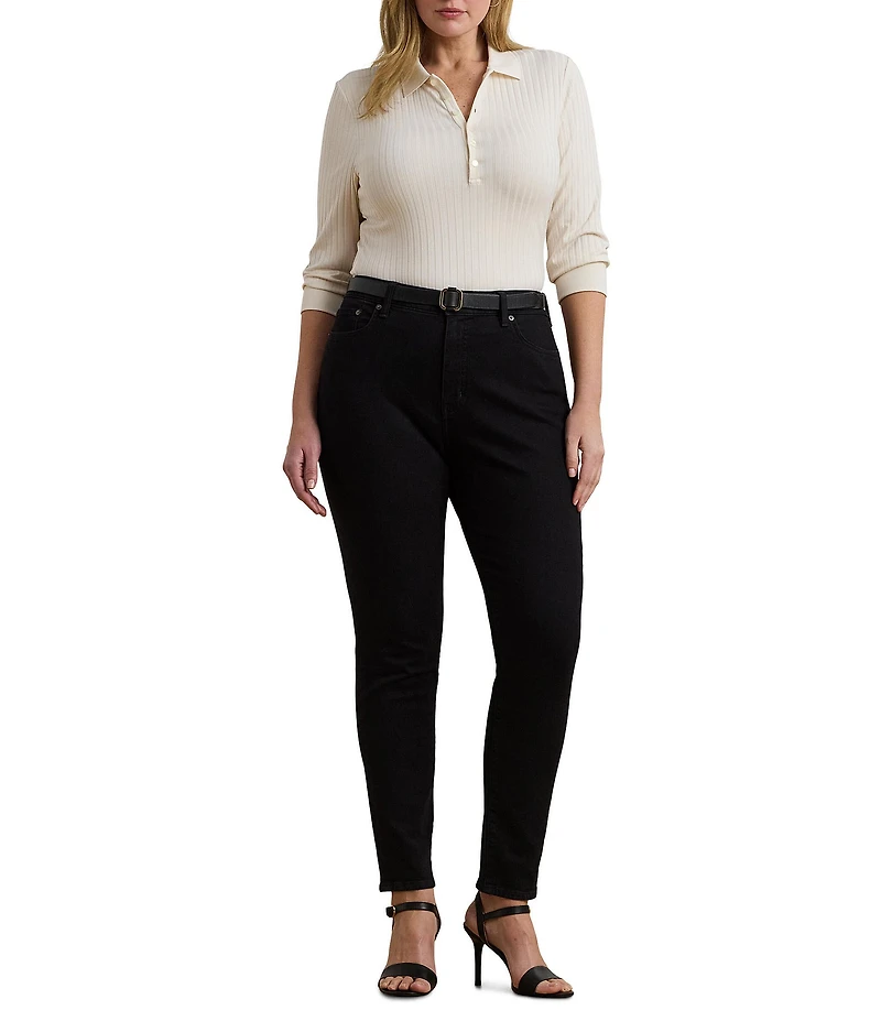 Lauren Ralph Lauren Plus Size Ribbed Knit Collar 3/4 Sleeve Polo Shirt