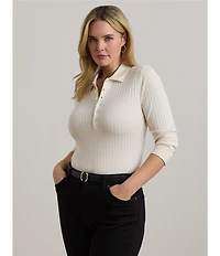 Lauren Ralph Lauren Plus Size Ribbed Knit Collar 3/4 Sleeve Polo Shirt