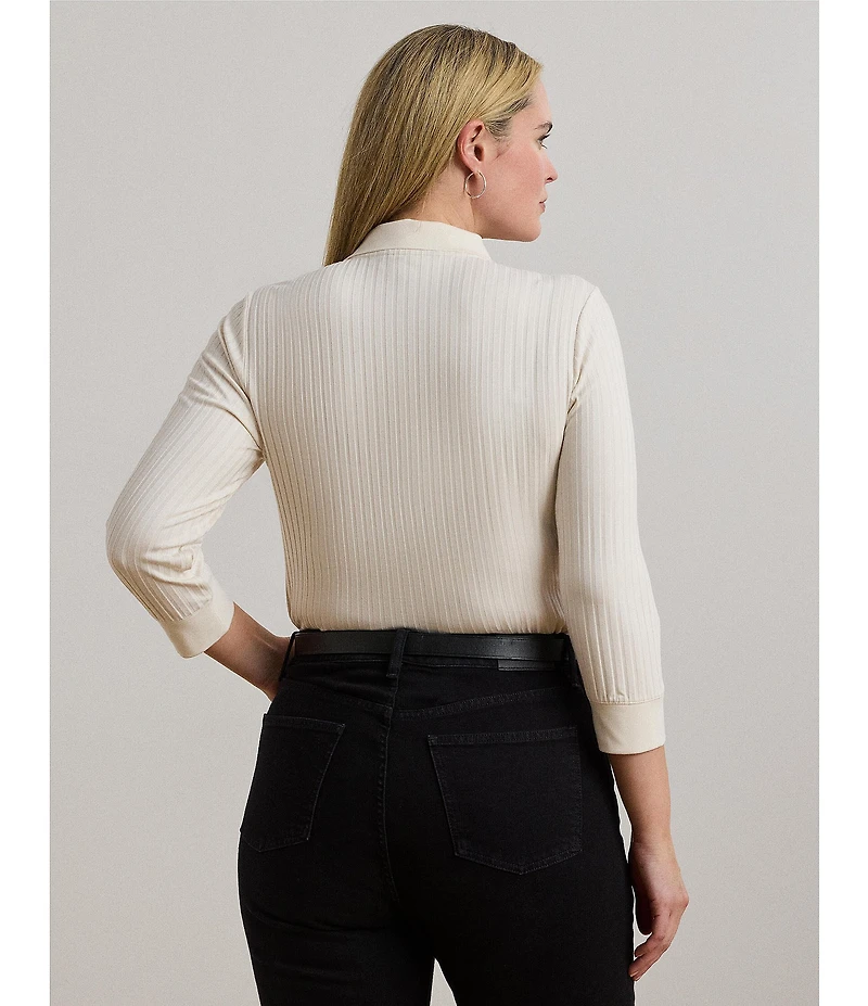 Lauren Ralph Lauren Plus Size Ribbed Knit Collar 3/4 Sleeve Polo Shirt