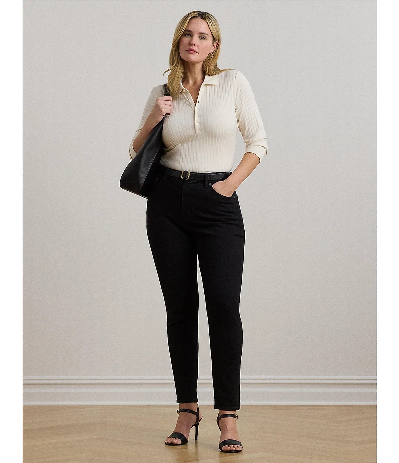 Lauren Ralph Lauren Plus Size Ribbed Knit Collar 3/4 Sleeve Polo Shirt