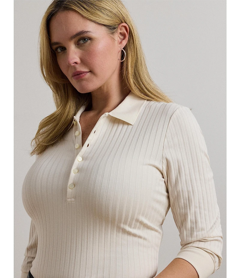 Lauren Ralph Lauren Plus Size Ribbed Knit Collar 3/4 Sleeve Polo Shirt