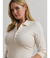 Lauren Ralph Lauren Plus Size Ribbed Knit Collar 3/4 Sleeve Polo Shirt
