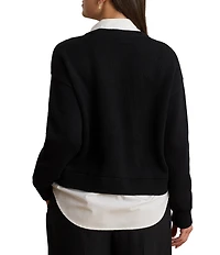 Lauren Ralph Lauren Plus Size Ribbed Knit Combed Cotton V-Neck Long Sleeve Pullover Sweater
