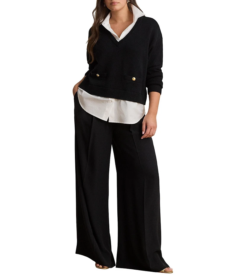 Lauren Ralph Lauren Plus Size Ribbed Knit Combed Cotton V-Neck Long Sleeve Pullover Sweater