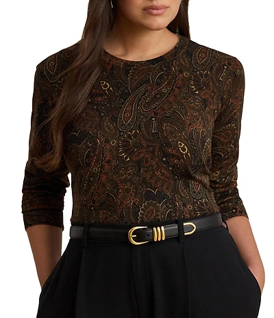 Lauren Ralph Lauren Plus Size Ribbed Knit Paisley Print Crew Neck Long Sleeve Sweater Top