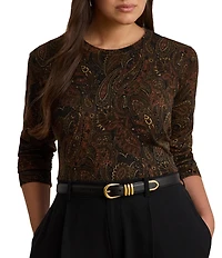 Lauren Ralph Lauren Plus Size Ribbed Knit Paisley Print Crew Neck Long Sleeve Sweater Top