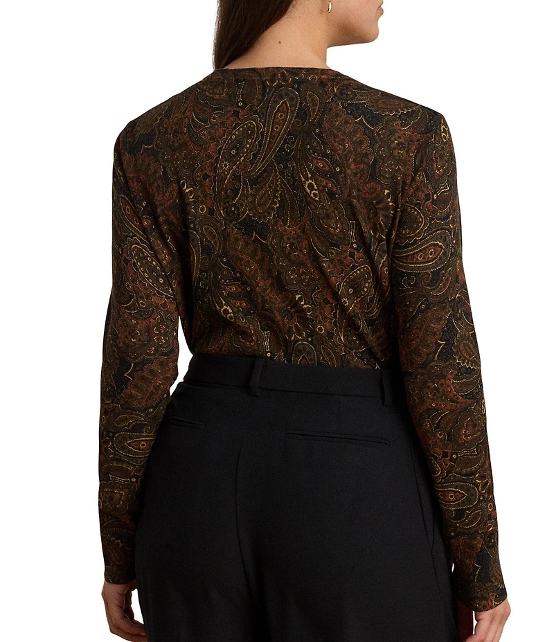 Lauren Ralph Lauren Plus Size Ribbed Knit Paisley Print Crew Neck Long Sleeve Sweater Top