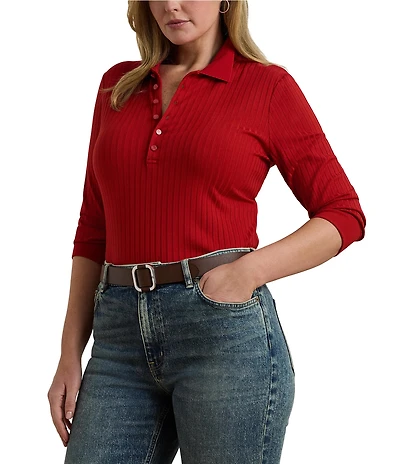 Lauren Ralph Lauren Plus Size Ribbed Knit Point Collar 3/4 Cuffed Sleeve Polo Shirt