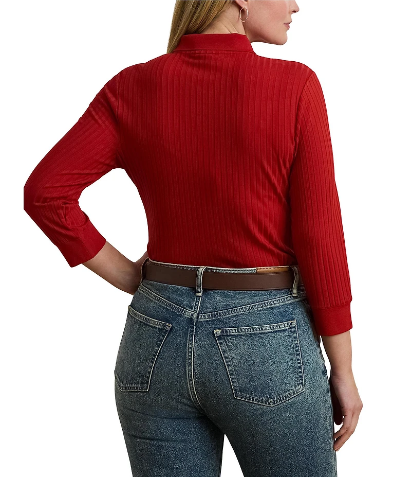 Lauren Ralph Lauren Plus Size Ribbed Knit Point Collar 3/4 Cuffed Sleeve Polo Shirt