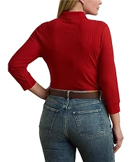 Lauren Ralph Lauren Plus Size Ribbed Knit Point Collar 3/4 Cuffed Sleeve Polo Shirt