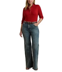 Lauren Ralph Lauren Plus Size Ribbed Knit Point Collar 3/4 Cuffed Sleeve Polo Shirt