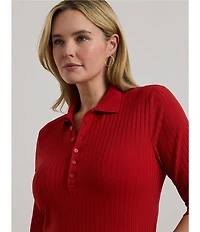 Lauren Ralph Lauren Plus Size Ribbed Knit Point Collar 3/4 Cuffed Sleeve Polo Shirt